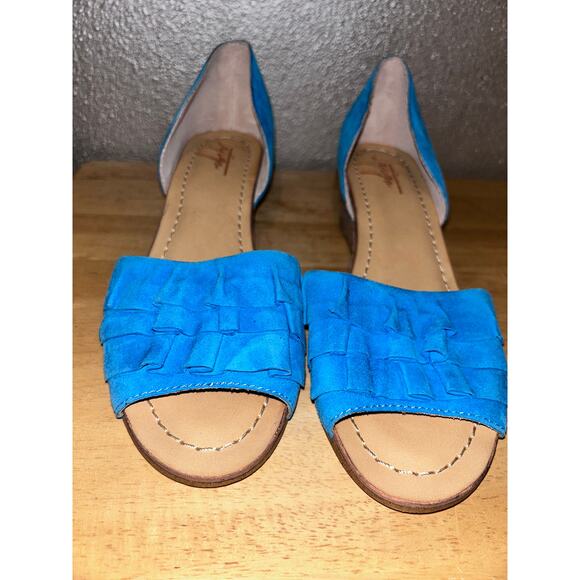 Anthropologie Latigo Shona Blue Suede Leather Ruffle Wedge Sandals Size 8M NWOB - Picture 7 of 12